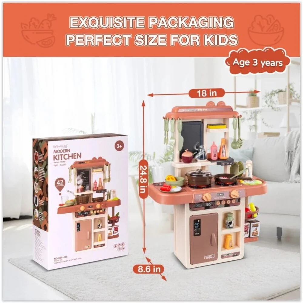 Kids Kitchen PlaySet Cooking, 42 Pcs  with Sounds, Lights, Misting and Steam NEW